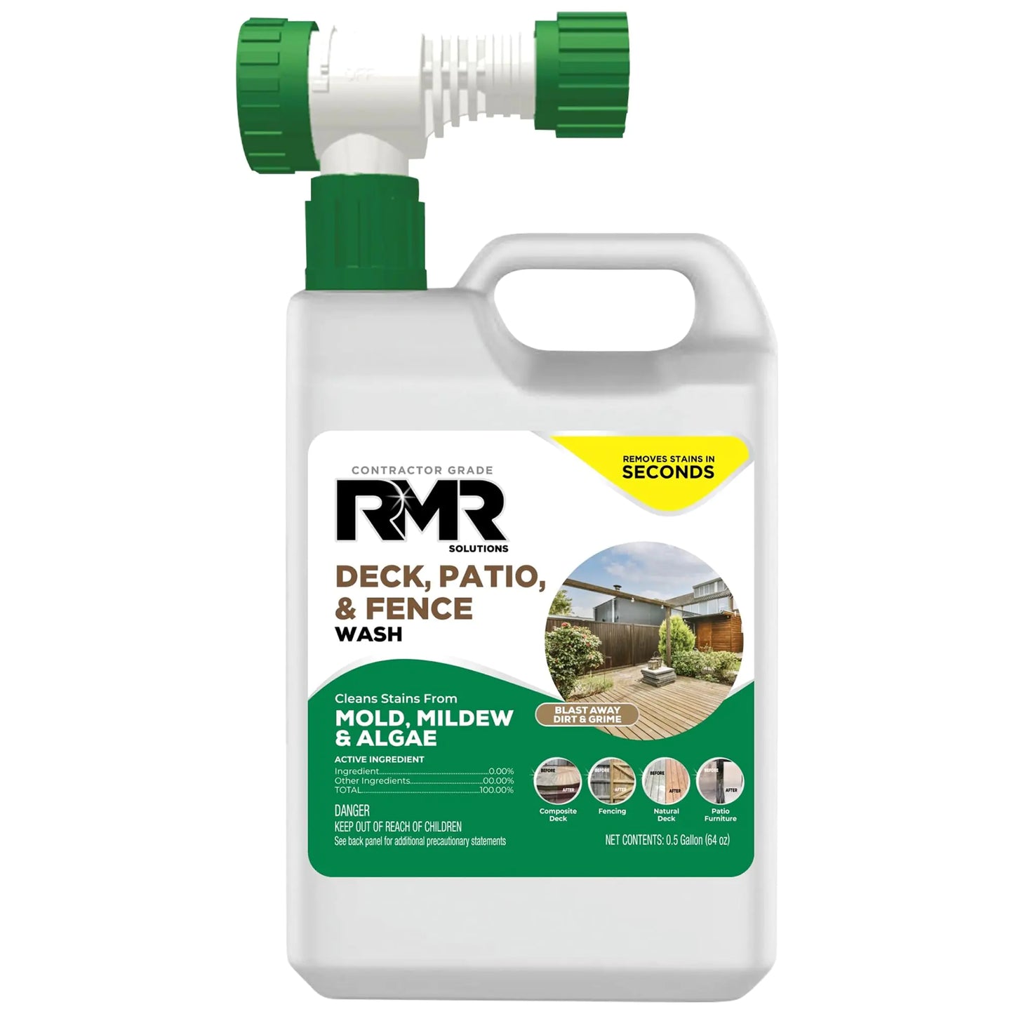 RMR Deck Patio & Fence Wash - Commercial-Grade Outdoor Stain Remover for Mold Mildew and Algae 64 Ounce Bottle with Hose-End Adapter